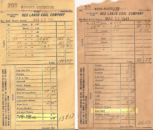 Two paystubs showing mandatory “Base Ball” deductions taken by the coal company to support the company team (highlighted towards the bottom).