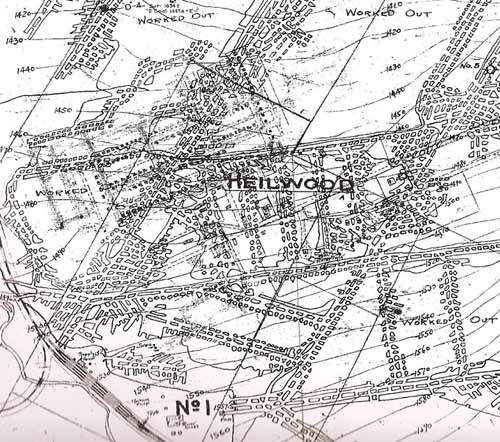 Original mine map showing the location of the Possum Glory #1 Mine (labelled "No 1"), relative to the town of Heilwood.