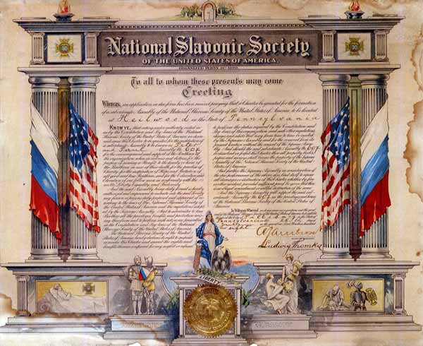 The charter document for Assembly #607 (Heilwood) of the National Slovak Society, signed on July 28, 1908.