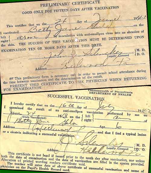 "Preliminary" and "Successful Vaccination" Certificates for the anti-smallpox virus (June 1943)