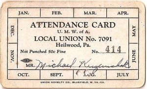 Attendance card for members of the UMWA Local #7091