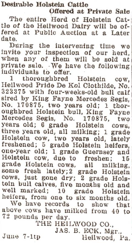Newspaper ad for the auction of Heilwood Dairy cattle