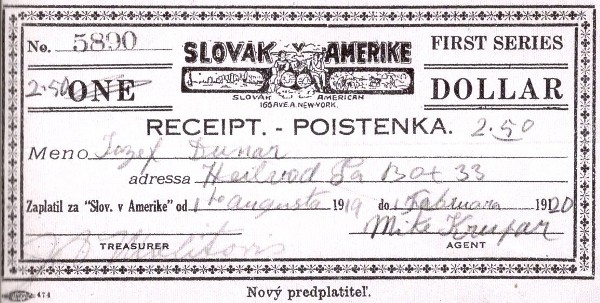 Receipt for a subscription to the Slovak Amerike newspaper (1920)