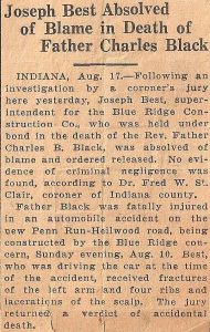 Newspaper clipping concerning the inquest held after Father Black's death.