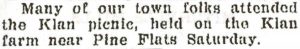 August 19, 1925 newspaper account of a KKK picnic held on a farm near Pine Flats.