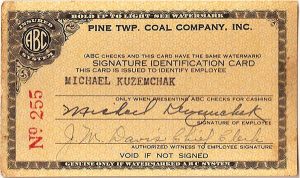 Signature identification card from the Pine Township Coal Company